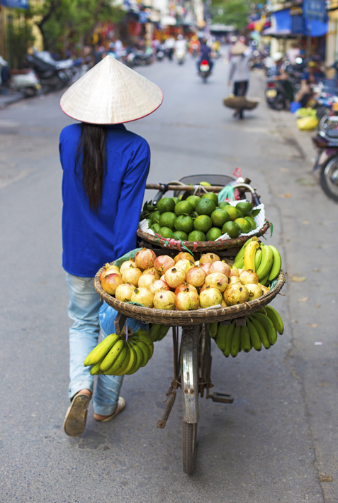 chica asiatica llevando alimentos en bicicleta